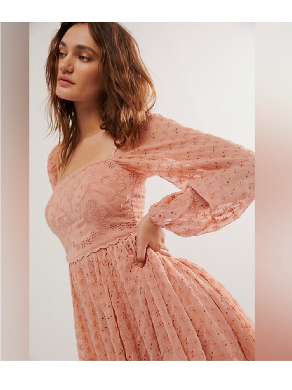 Free People Malina Peach Eyelet Lace Puff-Sleeve Midi Dress